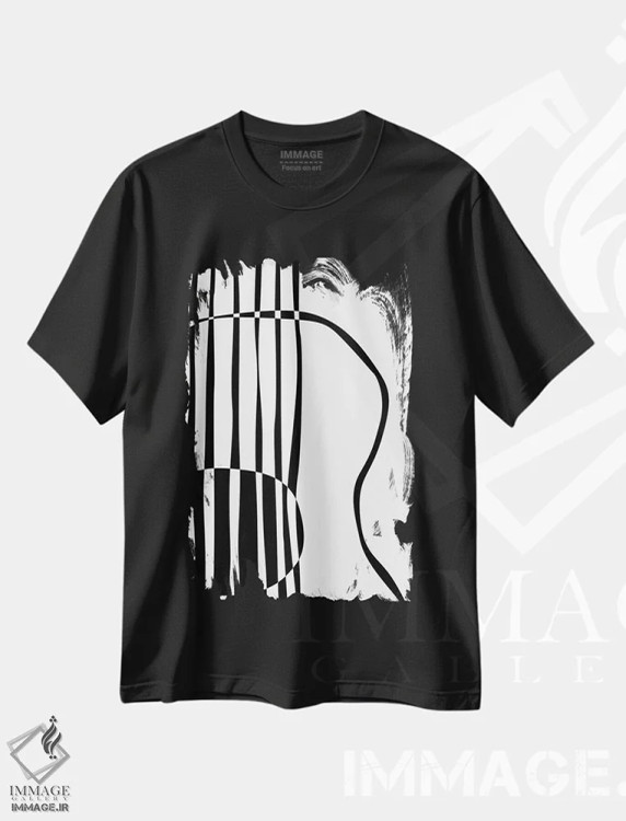 تیشرت مشکی طرح دار گیتار آکوستیک، هنر تزئینی سیاه و سفید اثر نیسه کرونا | فروشگاه ایماژ