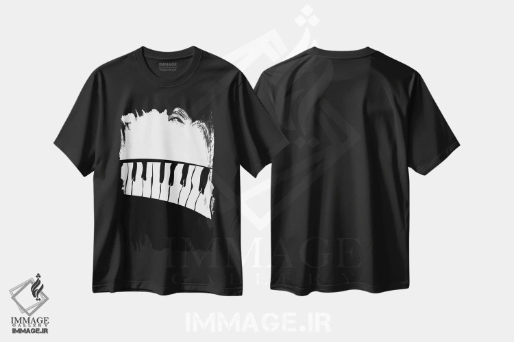 تیشرت مشکی طرح دار ست پیانو شماره ۳، هنر تزئینی سیاه و سفید اثر نیسه کرونا | فروشگاه ایماژ