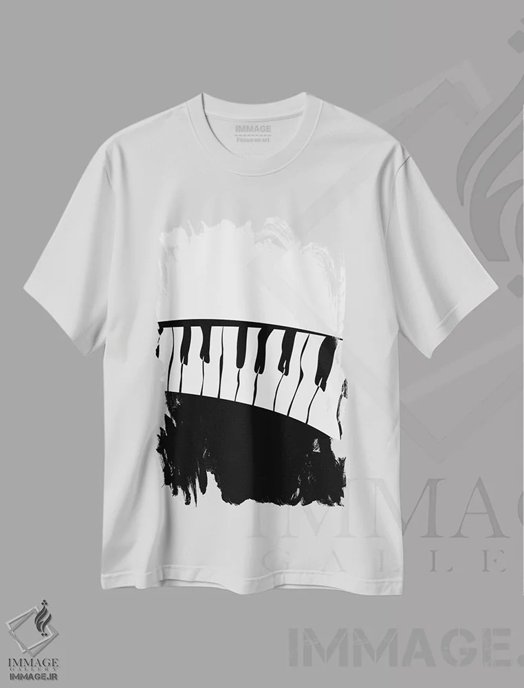 تیشرت سفید طرح دار ست پیانو شماره ۳، هنر تزئینی سیاه و سفید اثر نیسه کرونا | immage.ir