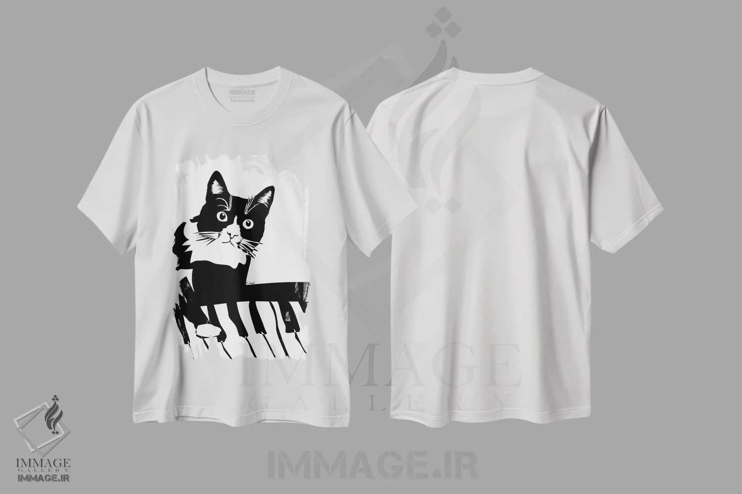 تیشرت سفید طرح دار گربهٔ پیانوزن، هنر تزئینی سیاه و سفید اثر نیسه کرونا | فروشگاه ایماژ