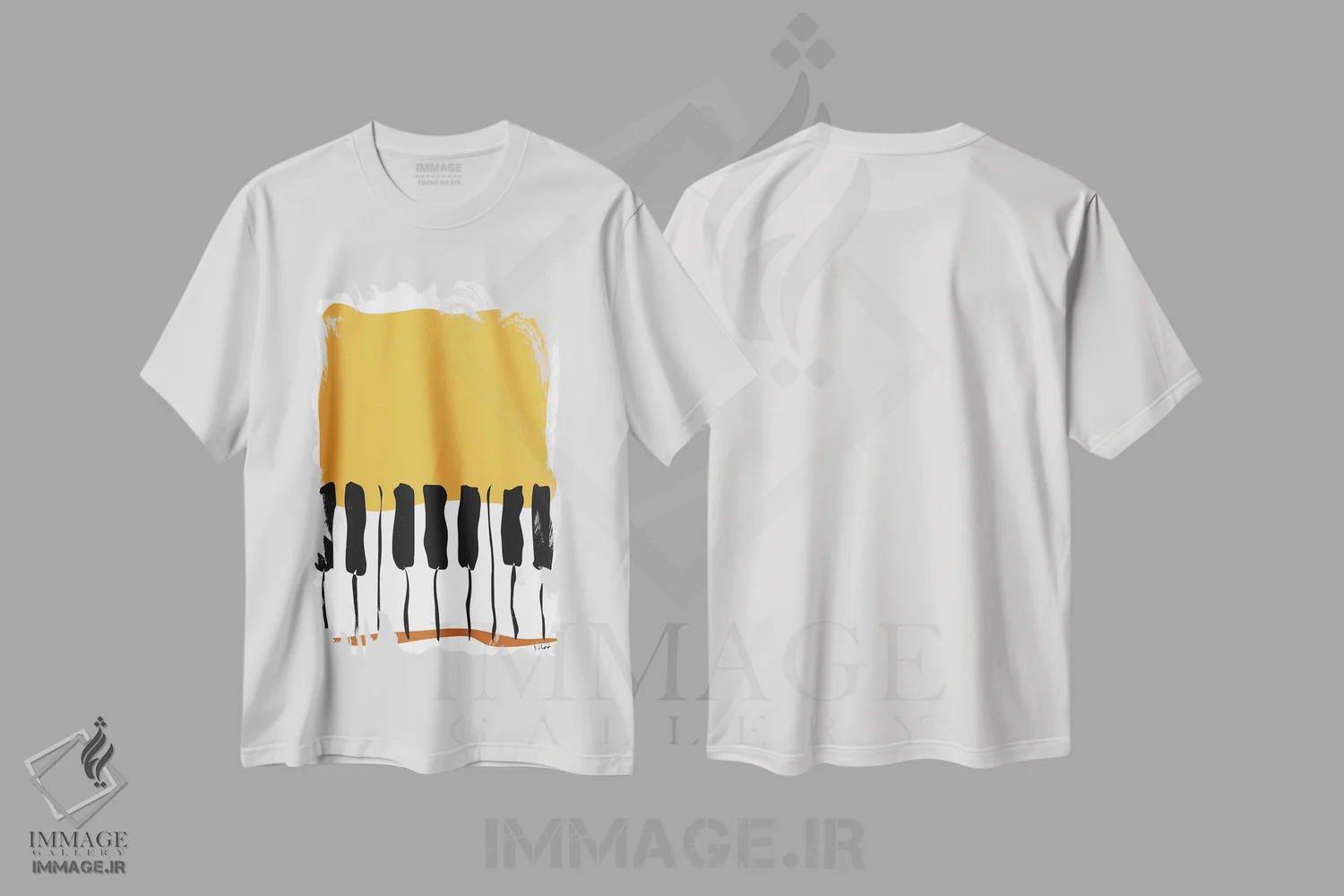 تیشرت سفید طرح دار پیانوی خاکی رنگ، تزئینی اثر نیسه کرونا | فروشگاه ایماژ