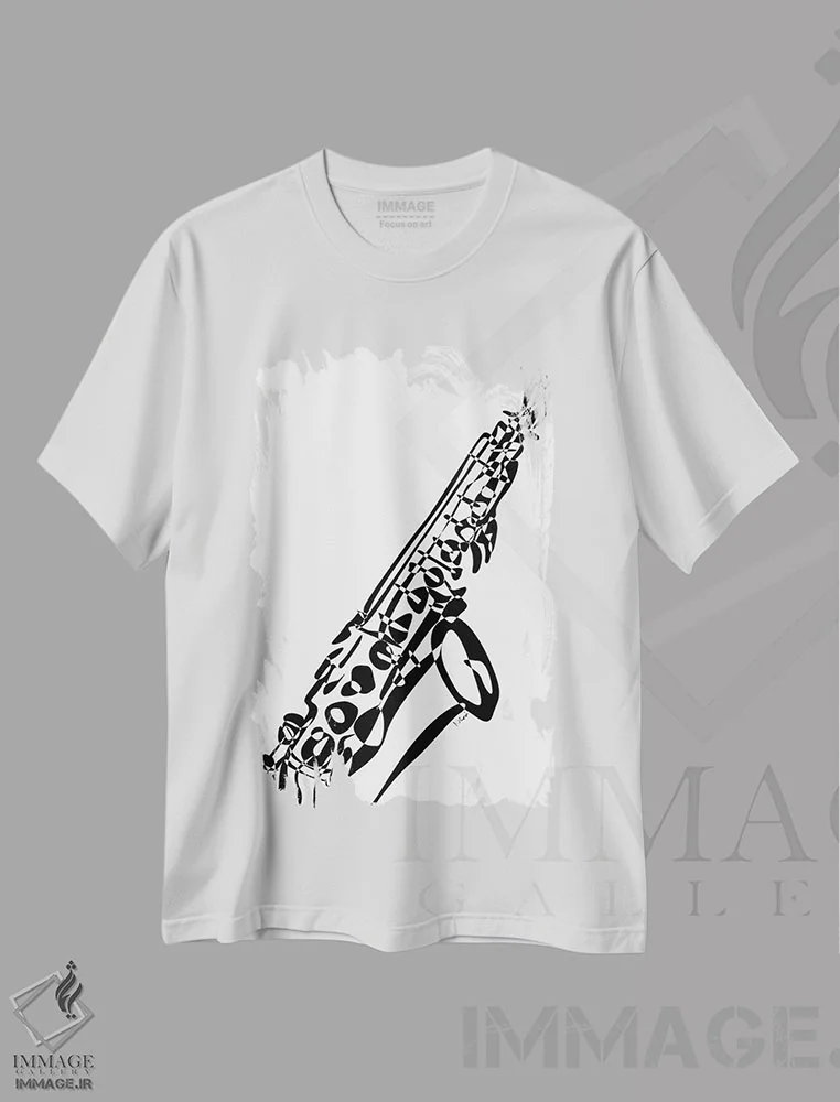 تیشرت سفید طرح دار ساکسیفون، هنر تزئینی سیاه و سفید اثر نیسه کرونا | فروشگاه ایماژ