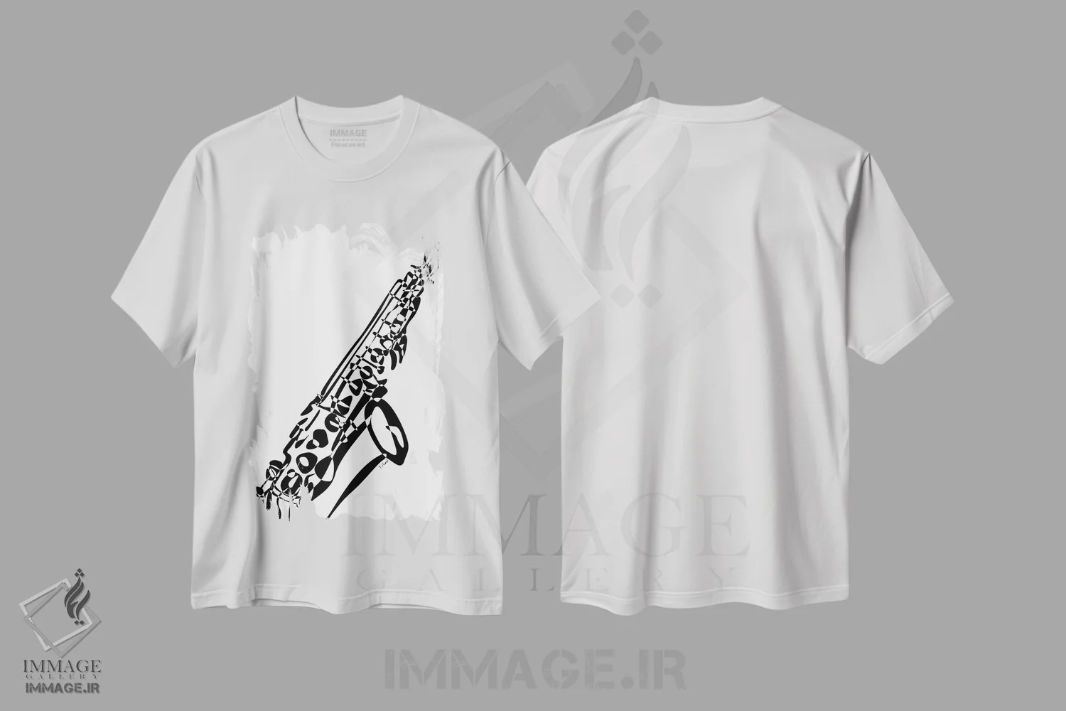 تیشرت سفید طرح دار ساکسیفون، هنر تزئینی سیاه و سفید اثر نیسه کرونا | فروشگاه ایماژ