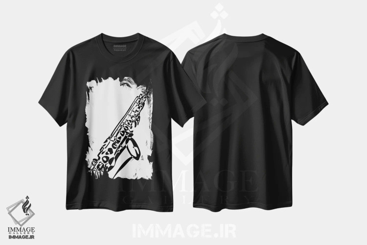تیشرت مشکی طرح دار ساکسیفون، هنر تزئینی سیاه و سفید اثر نیسه کرونا | immage.ir