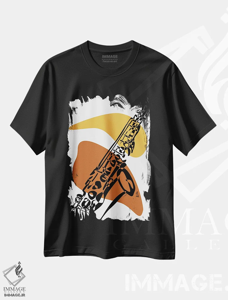 تیشرت مشکی طرح دار ساکسیفون خاکی، تزئینی اثر نیسه کرونا | فروشگاه ایماژ