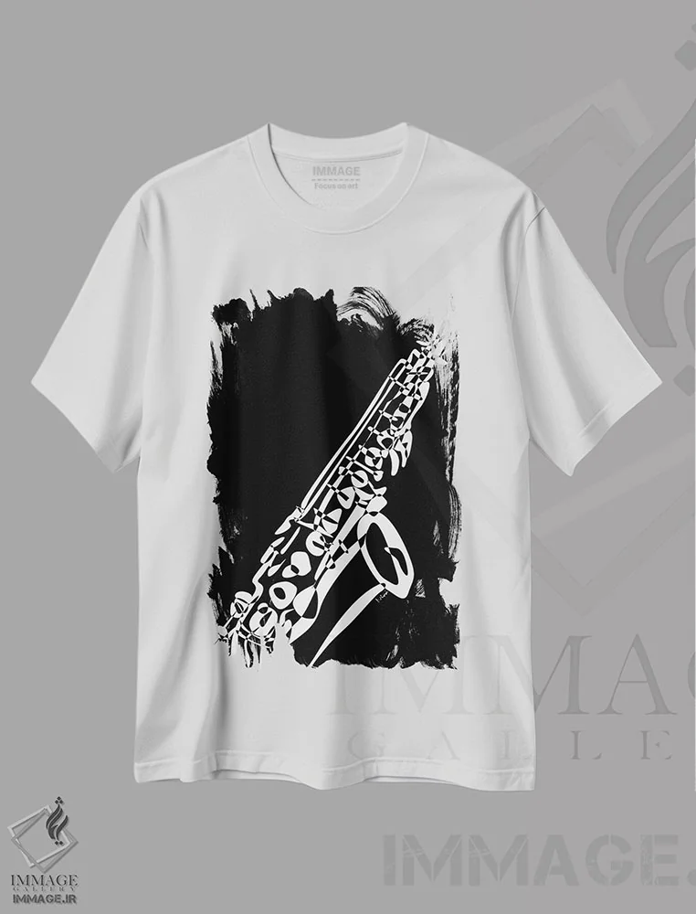 تیشرت سفید طرح دار ساکسیفون مشکی، هنر تزئینی سیاه و سفید اثر نیسه کرونا | فروشگاه ایماژ