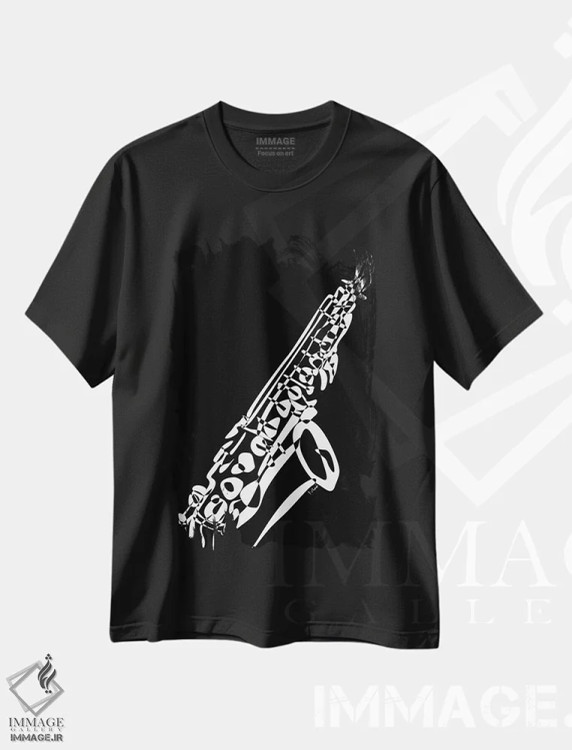 تیشرت مشکی طرح دار ساکسیفون مشکی، هنر تزئینی سیاه و سفید اثر نیسه کرونا | immage.ir