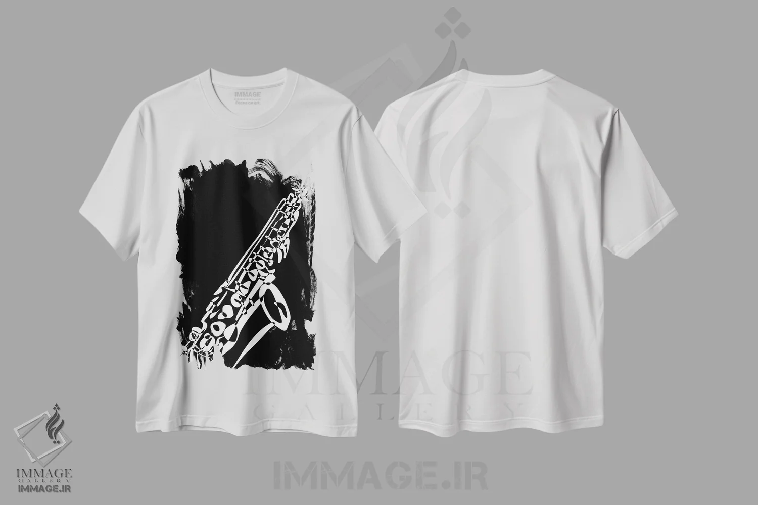 تیشرت سفید طرح دار ساکسیفون مشکی، هنر تزئینی سیاه و سفید اثر نیسه کرونا | فروشگاه ایماژ