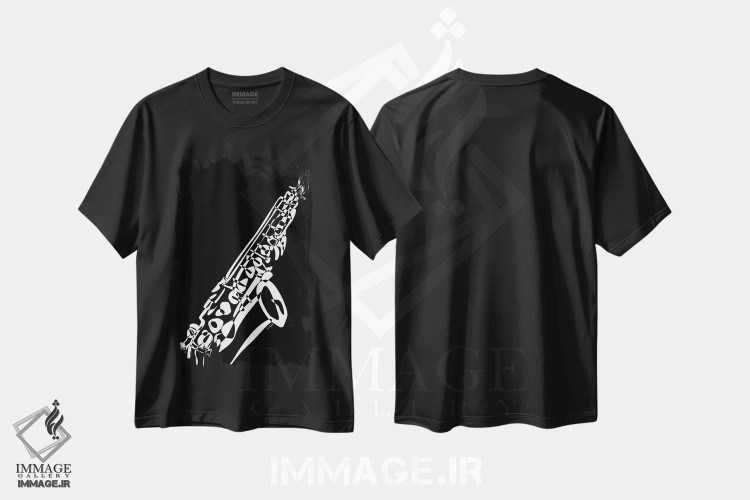 تیشرت مشکی طرح دار ساکسیفون مشکی، هنر تزئینی سیاه و سفید اثر نیسه کرونا | immage.ir