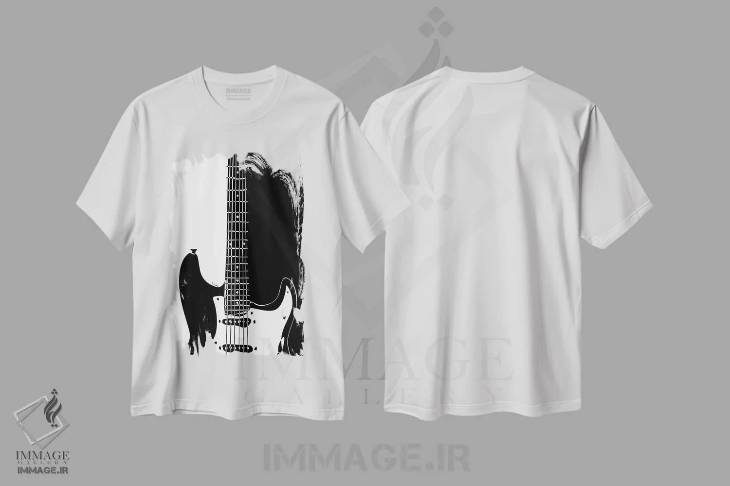 تیشرت سفید طرح دار گیتار استرتوکستر، هنر تزئینی سیاه و سفید اثر نیسه کرونا | فروشگاه ایماژ