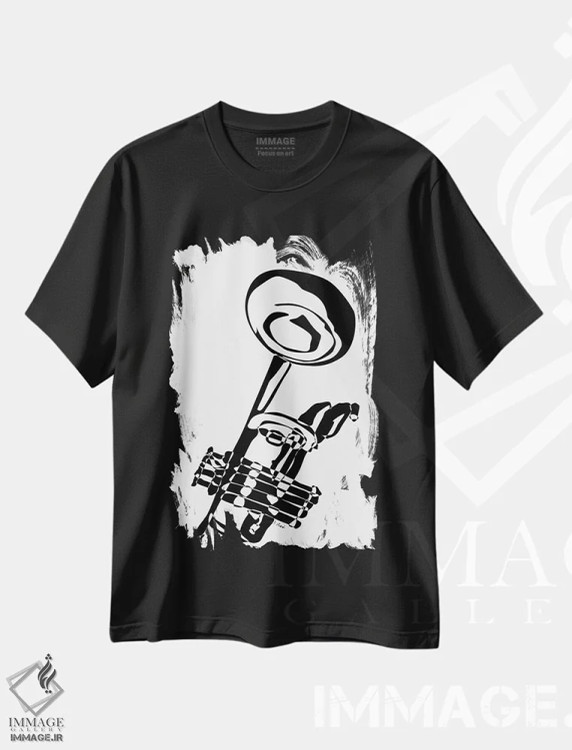 تیشرت مشکی طرح دار ترومپت، هنر تزئینی سیاه و سفید اثر نیسه کرونا | فروشگاه ایماژ