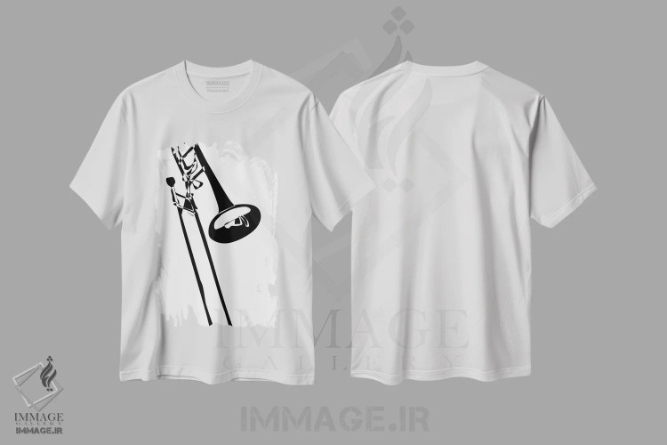 تیشرت سفید طرح دار ترومبون، هنر تزئینی سیاه و سفید اثر نیسه کرونا | فروشگاه ایماژ