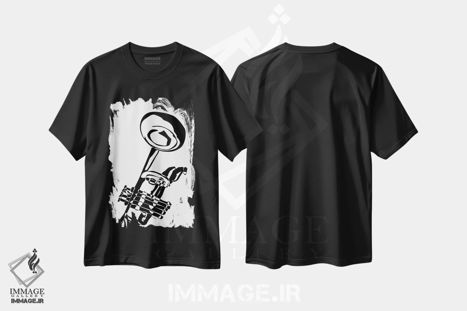 تیشرت مشکی طرح دار ترومپت، هنر تزئینی سیاه و سفید اثر نیسه کرونا | فروشگاه ایماژ