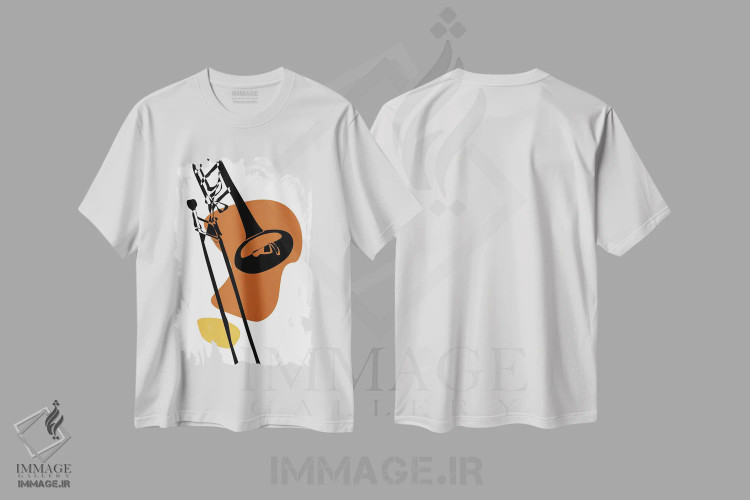 تیشرت سفید طرح دار ترومبون خاکی، تزئینی اثر نیسه کرونا | فروشگاه ایماژ
