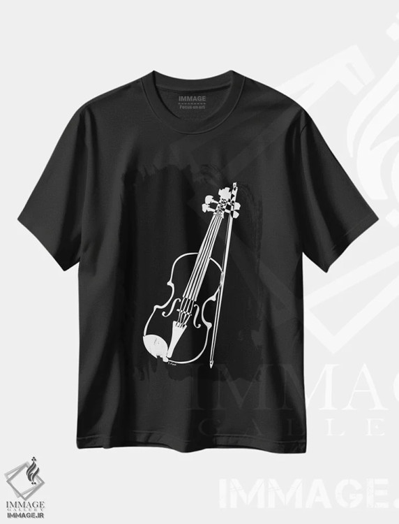 تیشرت مشکی طرح دار ویولن مشکی، هنر تزئینی سیاه و سفید اثر نیسه کرونا | فروشگاه ایماژ