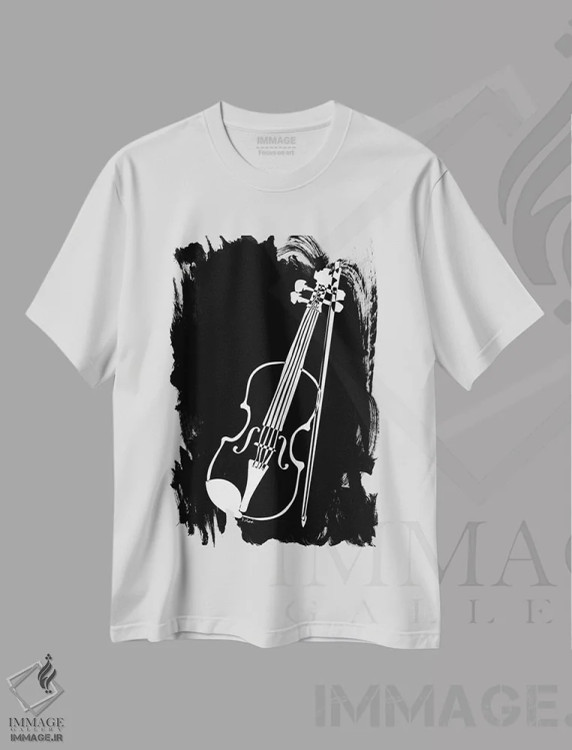 تیشرت سفید طرح دار ویولن مشکی، هنر تزئینی سیاه و سفید اثر نیسه کرونا | immage.ir