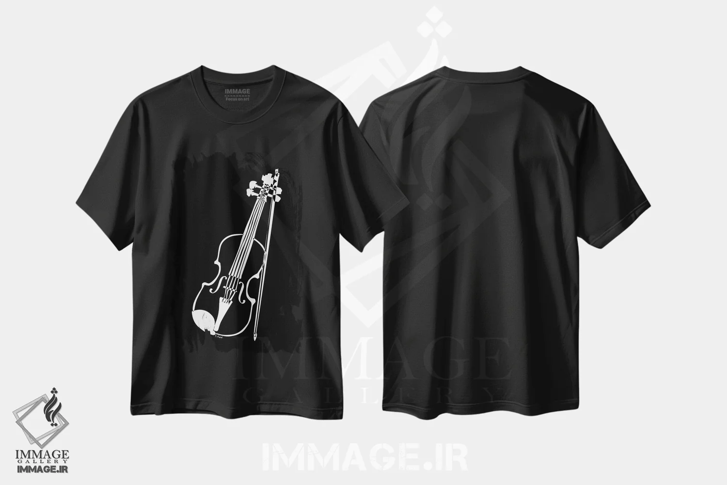 تیشرت مشکی طرح دار ویولن مشکی، هنر تزئینی سیاه و سفید اثر نیسه کرونا | فروشگاه ایماژ