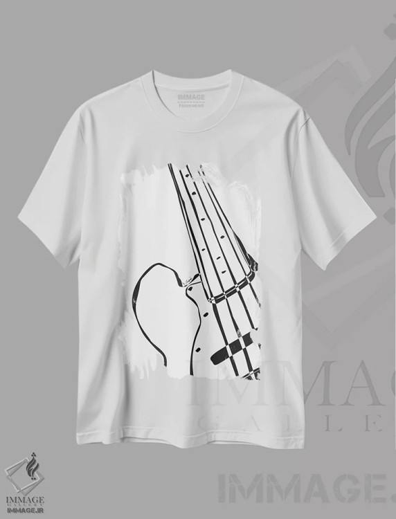 تیشرت سفید طرح دار گیتار باس، هنر تزئینی سیاه و سفید اثر نیسه کرونا | immage.ir