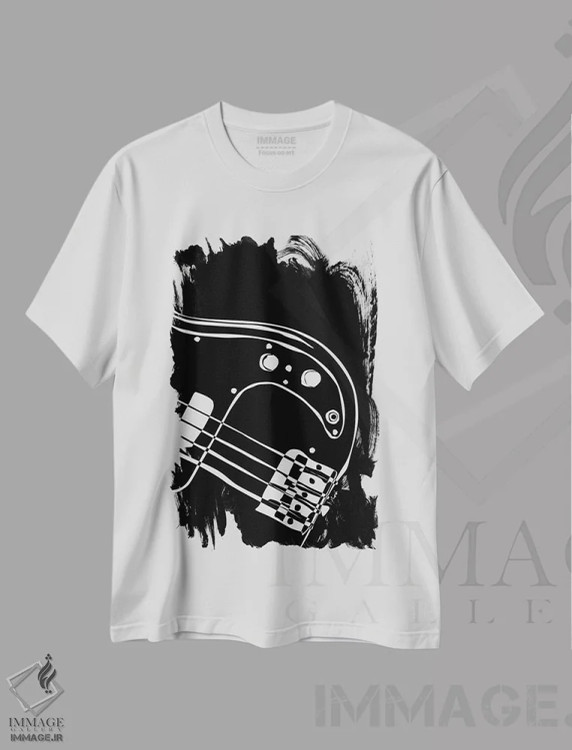 تیشرت سفید طرح دار گیتار باس مشکی، هنر تزئینی سیاه و سفید اثر نیسه کرونا | فروشگاه ایماژ