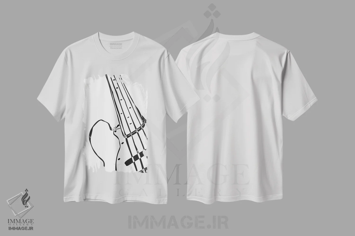 تیشرت سفید طرح دار گیتار باس، هنر تزئینی سیاه و سفید اثر نیسه کرونا | immage.ir