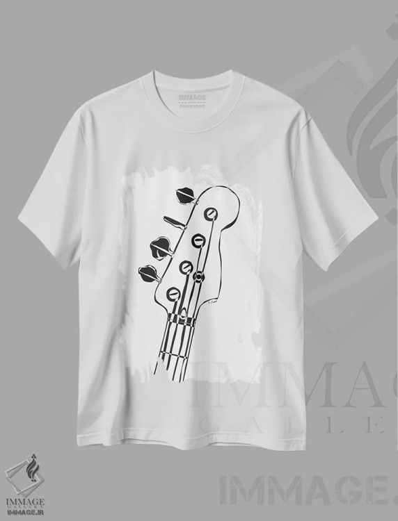 تیشرت سفید طرح دار سر گیتار باس، هنر تزئینی سیاه و سفید اثر نیسه کرونا | immage.ir