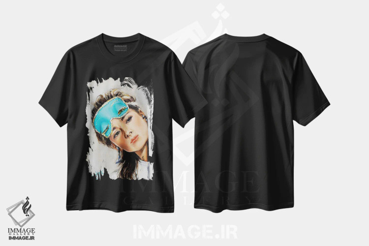 تیشرت مشکی طرح دار ماسک آبی، هنر فاخر معاصر اثر سلمی نصرالدین | فروشگاه ایماژ