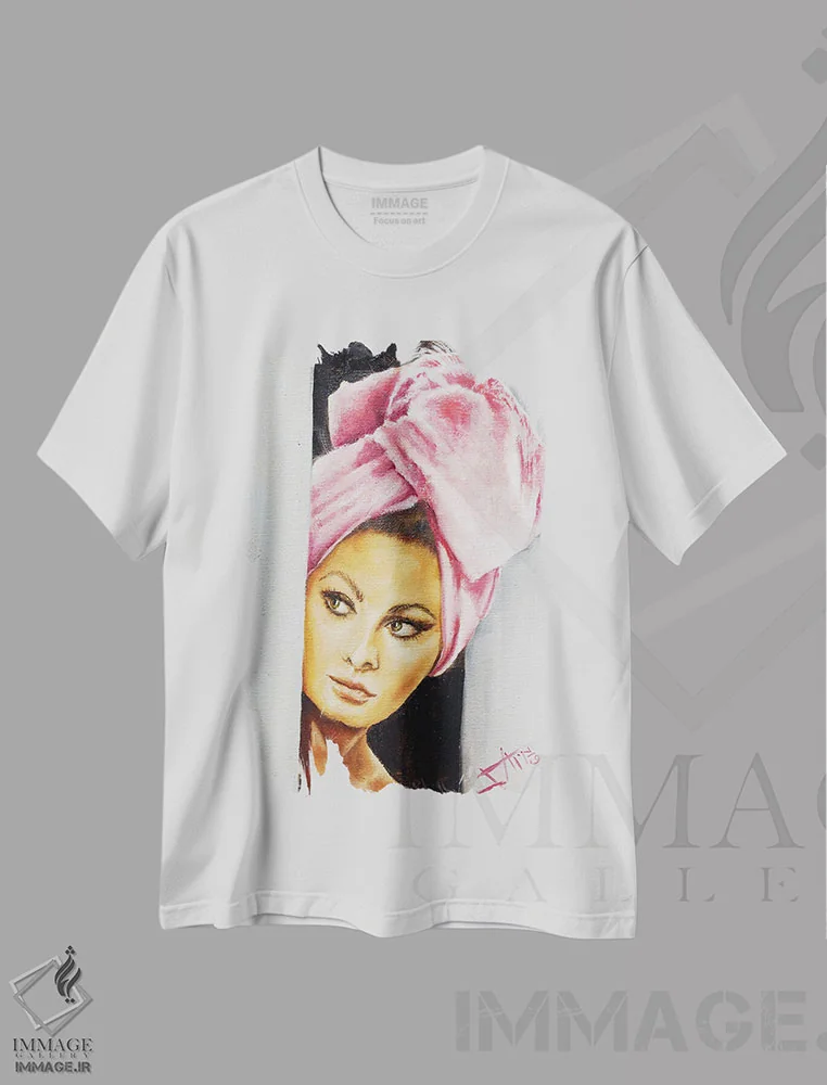 تیشرت سفید طرح دار سوفیا، هنر فاخر معاصر اثر سلمی نصرالدین | فروشگاه ایماژ