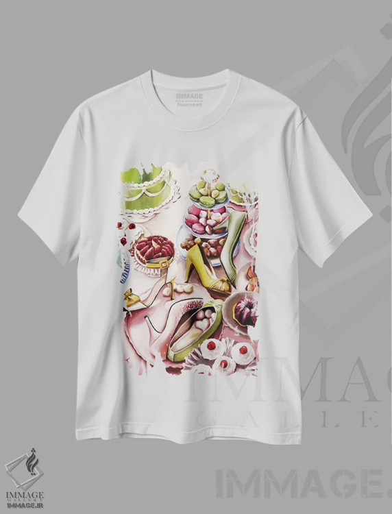 تیشرت سفید طرح دار مهمانی پرزرق وبرق، هنر فاخر معاصر اثر سلمی نصرالدین | فروشگاه ایماژ