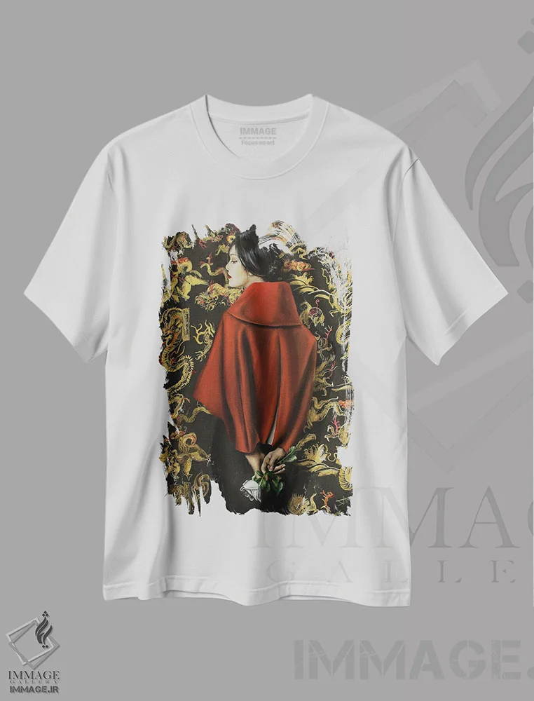 تیشرت سفید طرح دار رویارویی با اژدها، دکور آسیایی اثر سلمی نصرالدین | immage.ir