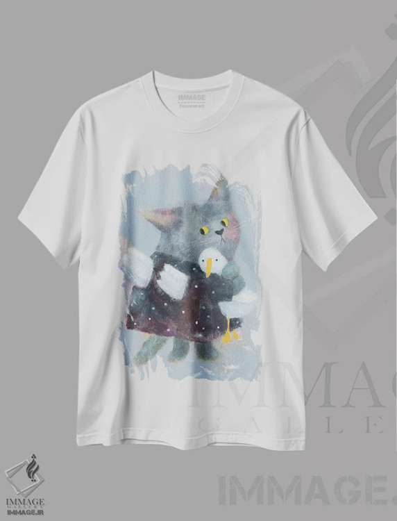 تیشرت سفید طرح دار گربه فرشته با لباس، دکور معاصر اثر ناتالیا شالوشویلی | فروشگاه ایماژ
