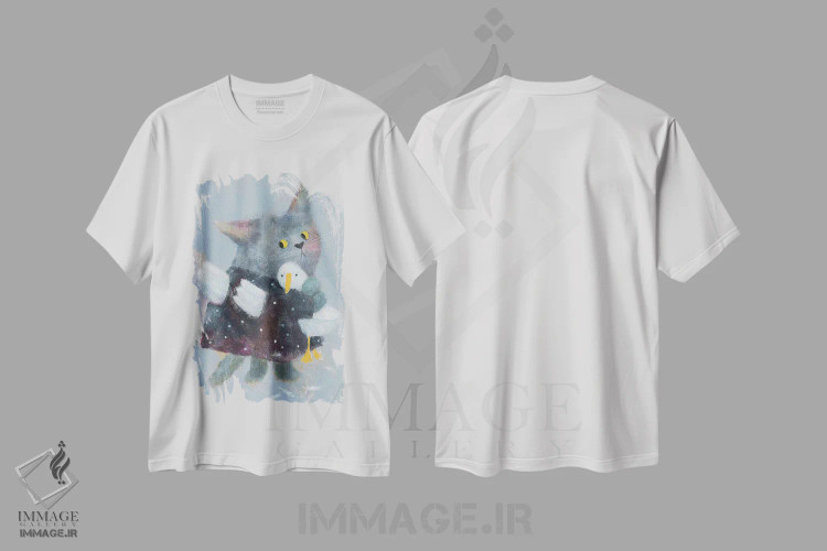 تیشرت سفید طرح دار گربه فرشته با لباس، دکور معاصر اثر ناتالیا شالوشویلی | فروشگاه ایماژ
