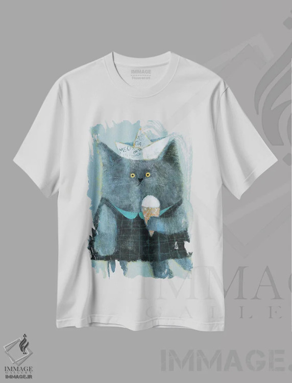 تیشرت سفید طرح دار گربه با کلاه کاغذی و بستنی، دکور معاصر اثر ناتالیا شالوشویلی | immage.ir