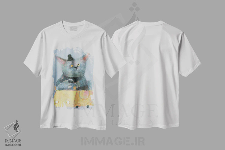 تیشرت سفید طرح دار گربه در ماشین زرد، دکور معاصر اثر ناتالیا شالوشویلی | فروشگاه ایماژ