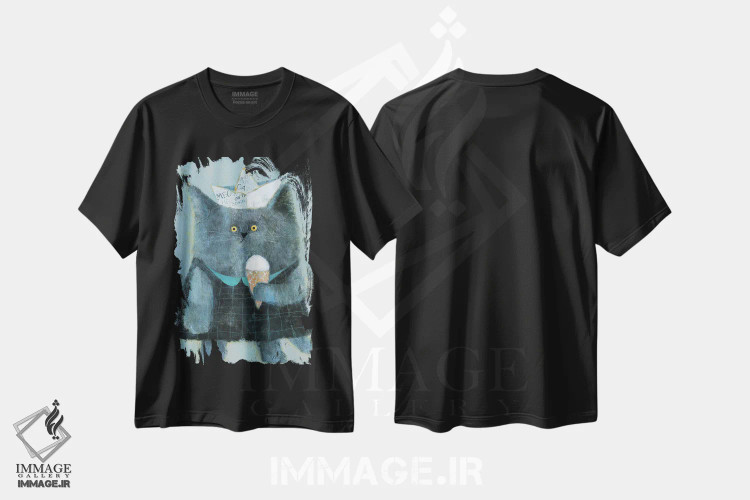تیشرت مشکی طرح دار گربه با کلاه کاغذی و بستنی، دکور معاصر اثر ناتالیا شالوشویلی | فروشگاه ایماژ