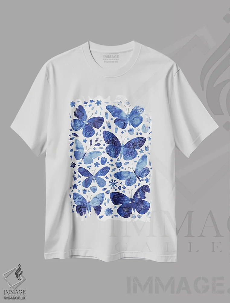 تیشرت سفید طرح دار پروانه های آبی، تزئینی اثر نیک اسکویرل | immage.ir