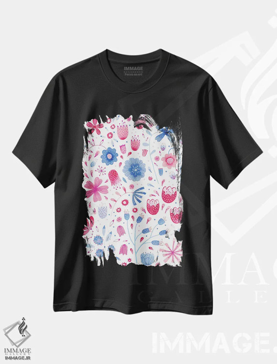 تیشرت مشکی طرح دار نقاشی آبرنگ باغ انگلیسی، هنر دیجیتال اثر نیک اسکویرل | فروشگاه ایماژ