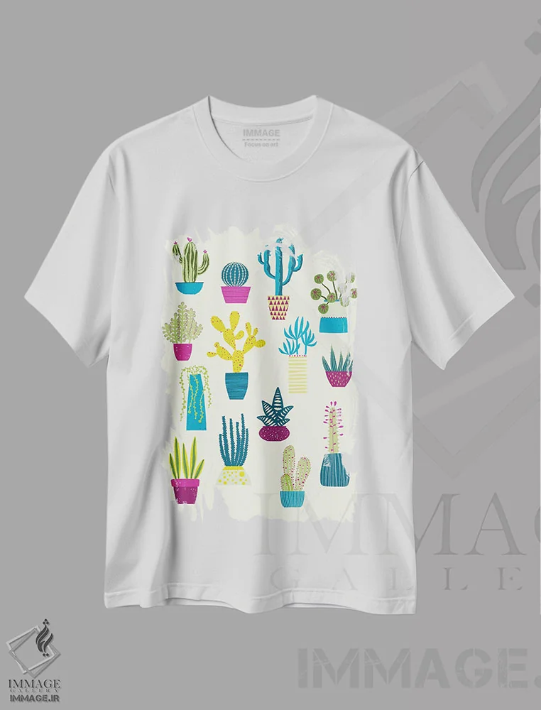 تیشرت سفید طرح دار باغ کاکتوس، هنر دیجیتال اثر نیک اسکویرل | فروشگاه ایماژ