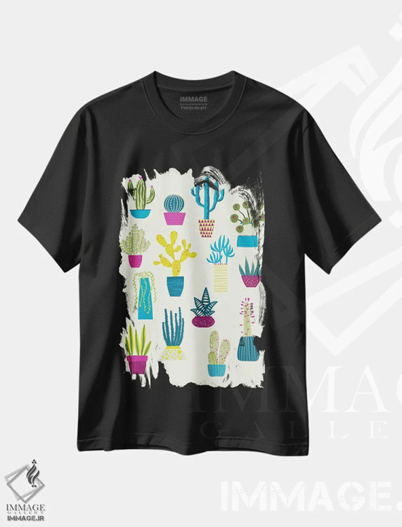 تیشرت مشکی طرح دار باغ کاکتوس، هنر دیجیتال اثر نیک اسکویرل | immage.ir