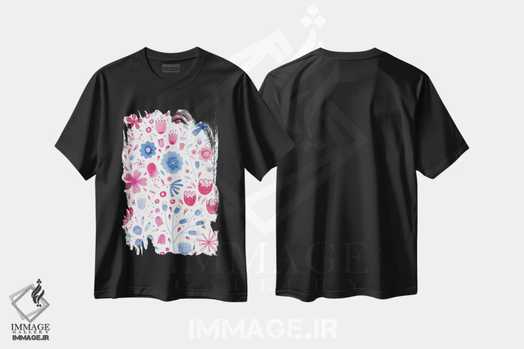 تیشرت مشکی طرح دار نقاشی آبرنگ باغ انگلیسی، هنر دیجیتال اثر نیک اسکویرل | فروشگاه ایماژ