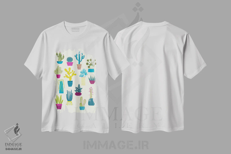 تیشرت سفید طرح دار باغ کاکتوس، هنر دیجیتال اثر نیک اسکویرل | فروشگاه ایماژ