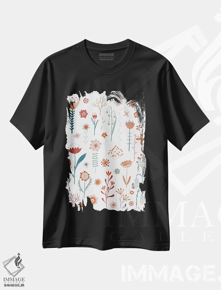 تیشرت مشکی طرح دار گل های تابستان، هنر دیجیتال اثر نیک اسکویرل | immage.ir