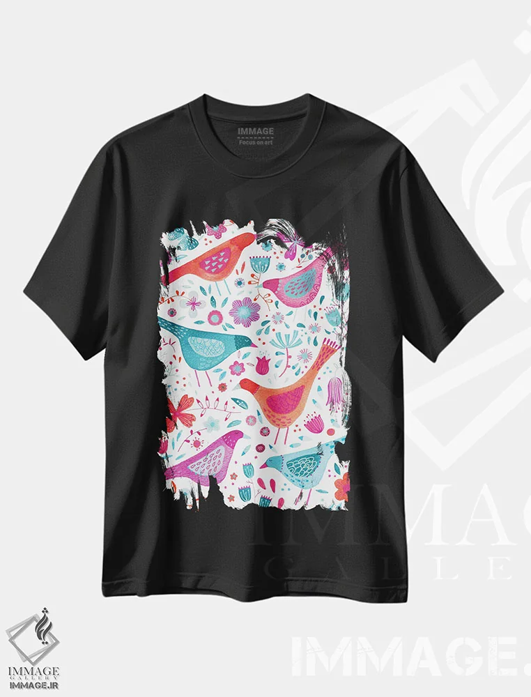 تیشرت مشکی طرح دار پرندگان در باغ آبی مایل به سبز، هنر دیجیتال اثر نیک اسکویرل | فروشگاه ایماژ