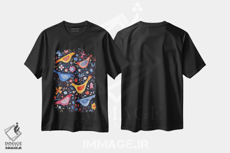 تیشرت مشکی طرح دار پرندگان در باغ تیره، هنر دیجیتال اثر نیک اسکویرل | immage.ir