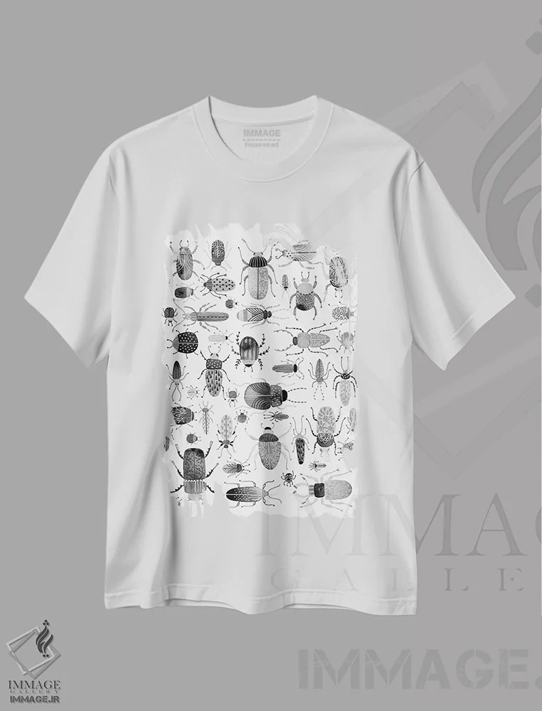 تیشرت سفید طرح دار سوسک های جوهری، هنر دیجیتال سیاه و سفید اثر نیک اسکویرل | فروشگاه ایماژ