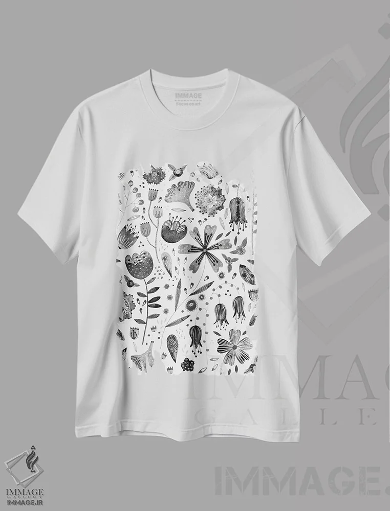تیشرت سفید طرح دار گل های جوهری، هنر دیجیتال سیاه و سفید اثر نیک اسکویرل | immage.ir