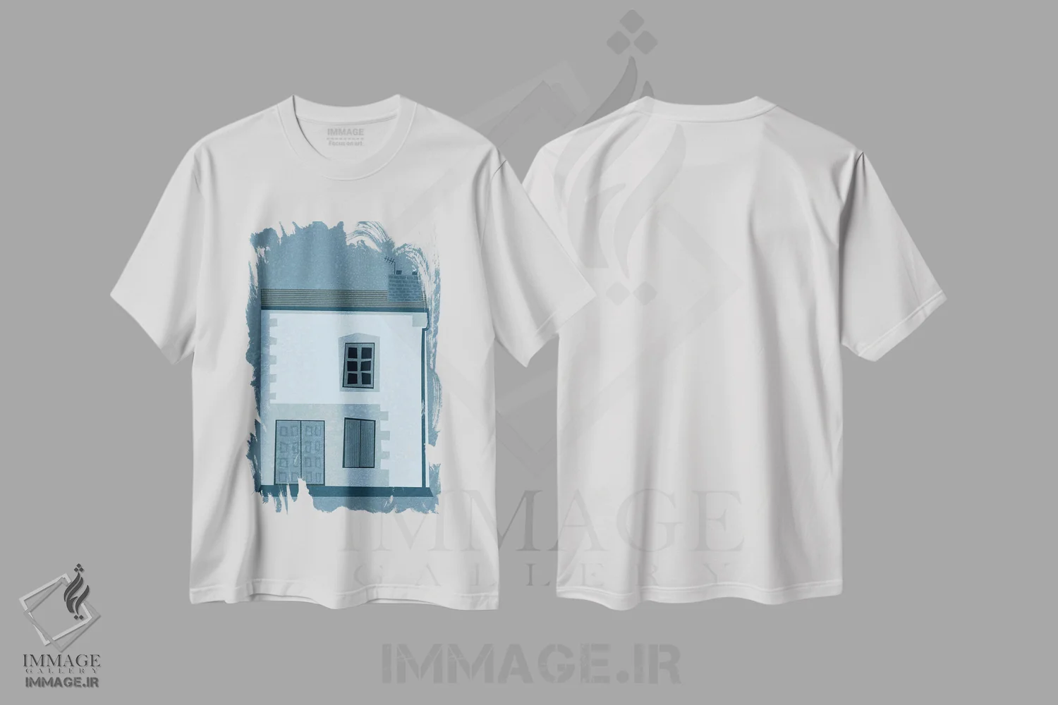 تیشرت سفید طرح دار خانه و پرنده، هنر دیجیتال اثر نیک اسکویرل | فروشگاه ایماژ