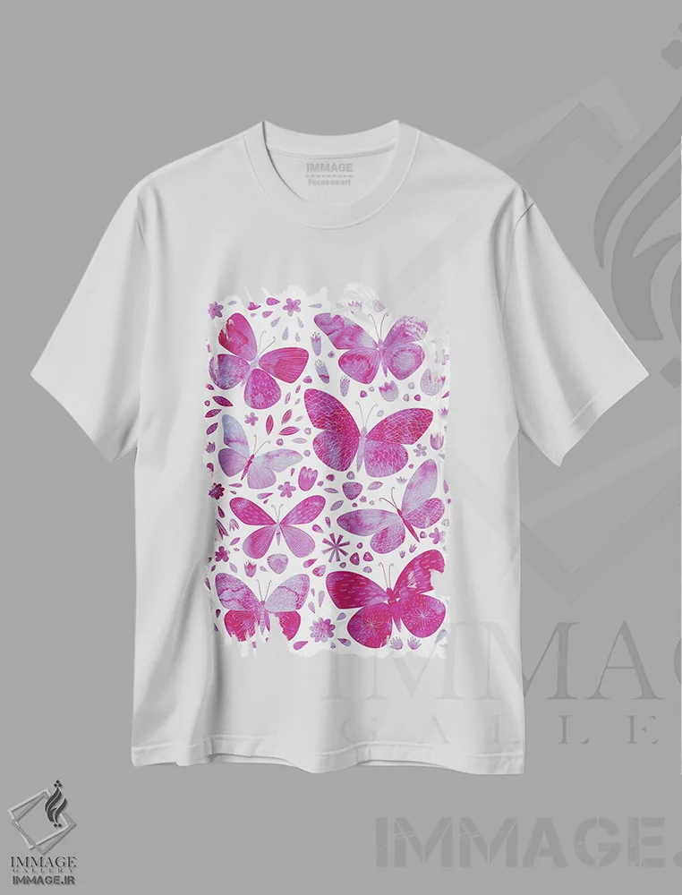 تیشرت سفید طرح دار پروانه های صورتی، هنر دیجیتال اثر نیک اسکویرل | immage.ir