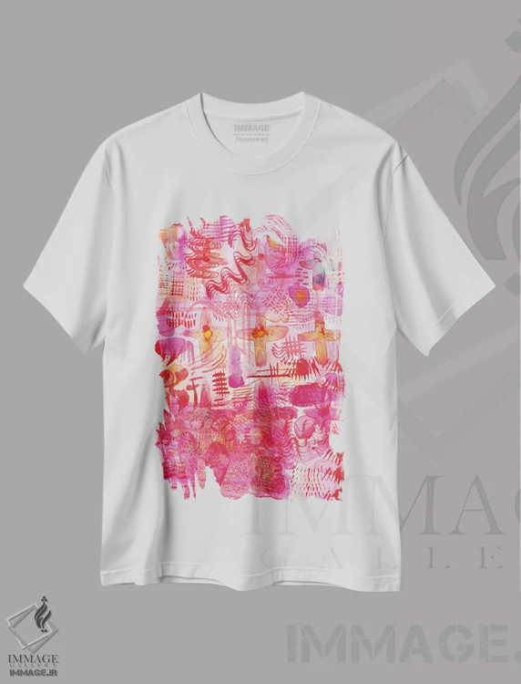 تیشرت سفید طرح دار آبرنگ انتزاعی جوهر صورتی، آبستره اثر نیک اسکویرل | فروشگاه ایماژ