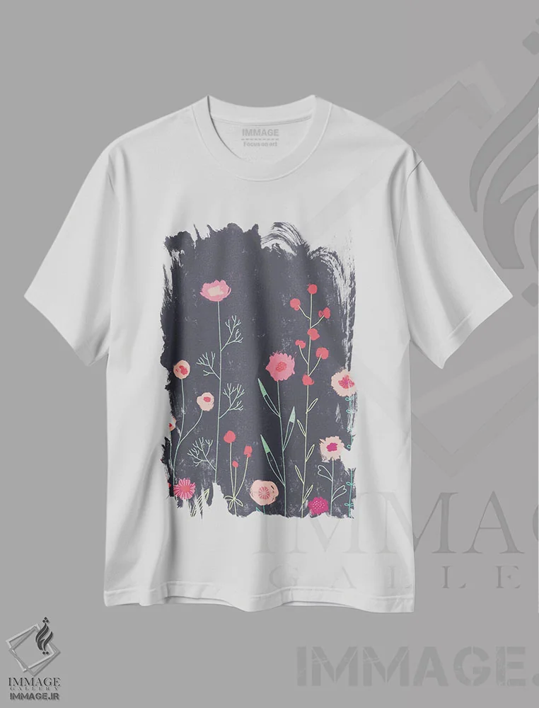 تیشرت سفید طرح دار گل های پلیموث تیره، هنر دیجیتال اثر نیک اسکویرل | فروشگاه ایماژ