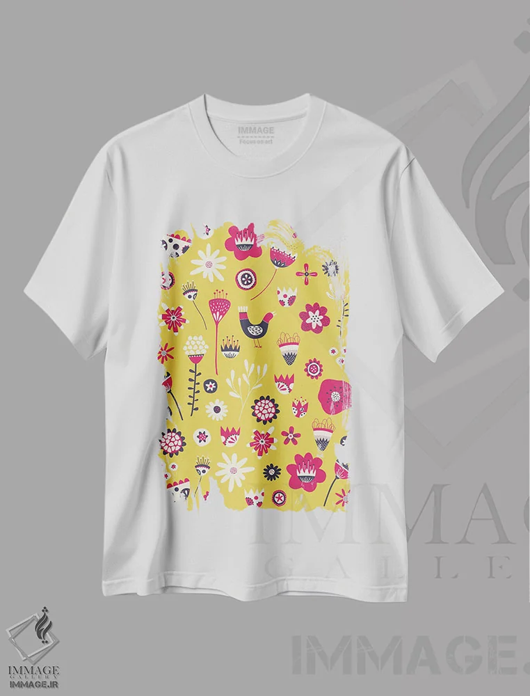 تیشرت سفید طرح دار گل های سنتی بهاری زرد، هنر دیجیتال اثر نیک اسکویرل | immage.ir